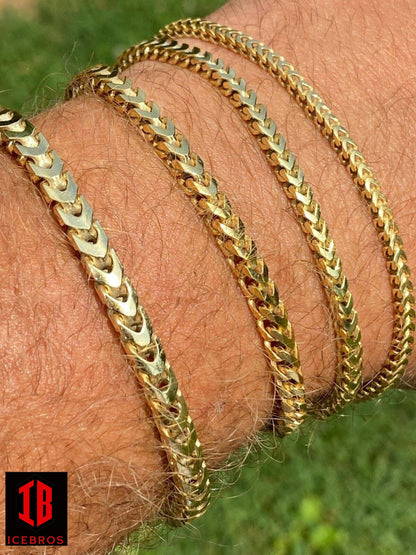 14k Gold Over Real Solid 925 Sterling Silver Franco Bracelet Mens HipHop (2-5mm)