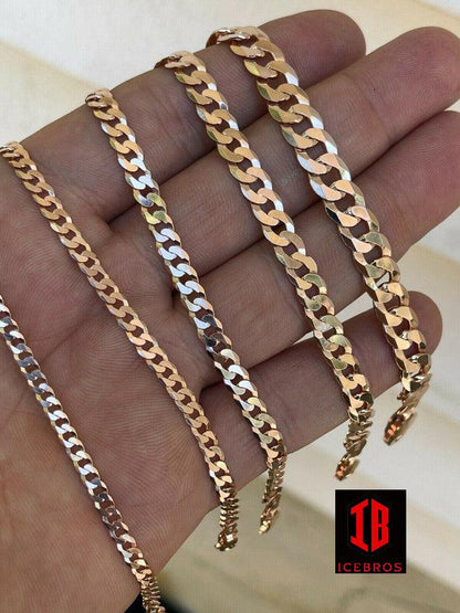 14k Rose Gold Vermeil Over Solid Italian 925 Silver Flat Miami Cuban Link Bracelet (3-8mm)