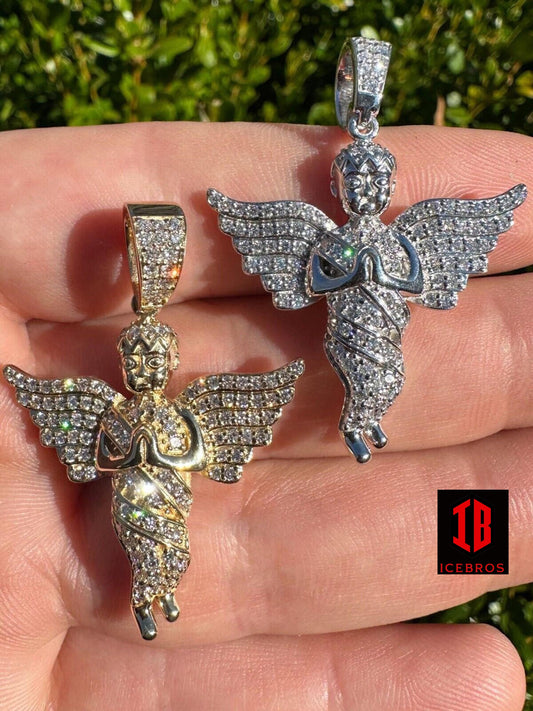 1.3ct Real Diamonds Guardian Angel Cherub Pendant Solid 14k Gold Necklace Pendant
