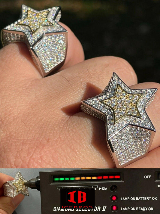 14k Gold 925 Sterling Silver Iced Out 3D Two Tone STAR RING MOISSANITE Two Layer