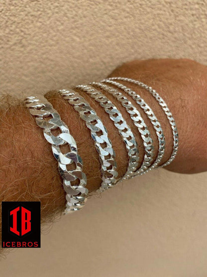 Real Solid 925 Sterling Silver Flat Curb Cuban Link Bracelet 3-10mm ITALY MADE. (3-11mm)
