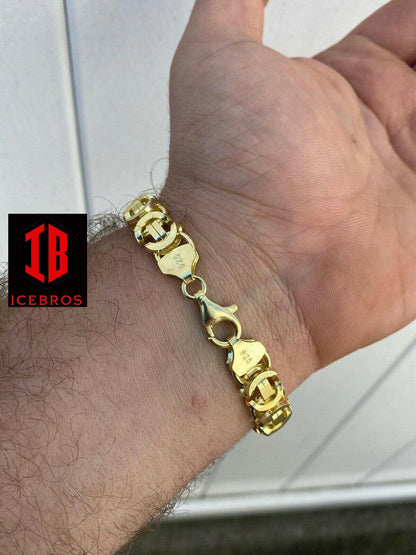 Mens 14k Gold Over Real Solid 925 Sterling Silver Byzantine Tigers Eye Bracelets