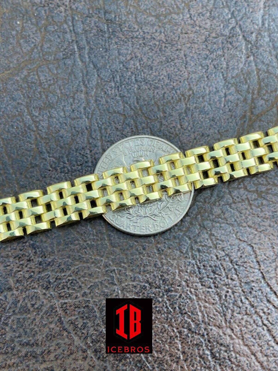 Mens Solid 925 Sterling Silver 14k Gold Vermeil Presidential Watch Bracelet (10mm)