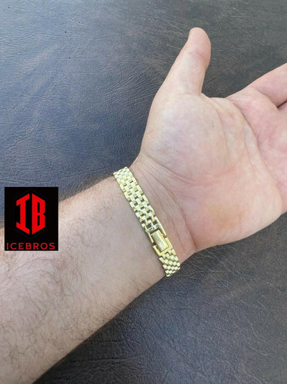 Mens Solid 925 Sterling Silver 14k Gold Vermeil Presidential Watch Bracelet (10mm)