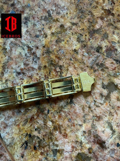 Men’s Solid 14k Gold Over 925 Sterling Silver Presidential Link Bracelet 10mm