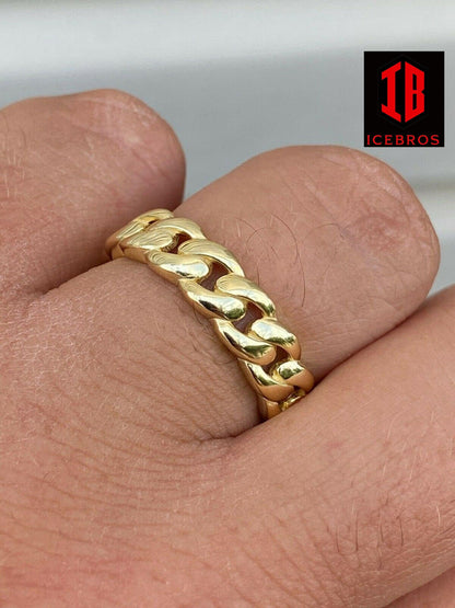 14k Gold Over Solid 925 Silver Men's Ladies 6mm Wedding Band Miami Cuban Link Ring