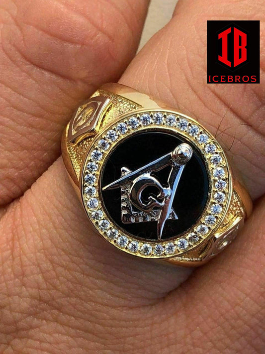 14k Gold & Real Solid 925 Silver Free Mason Masonic G Black Onyx Ring Pinky (CZ)