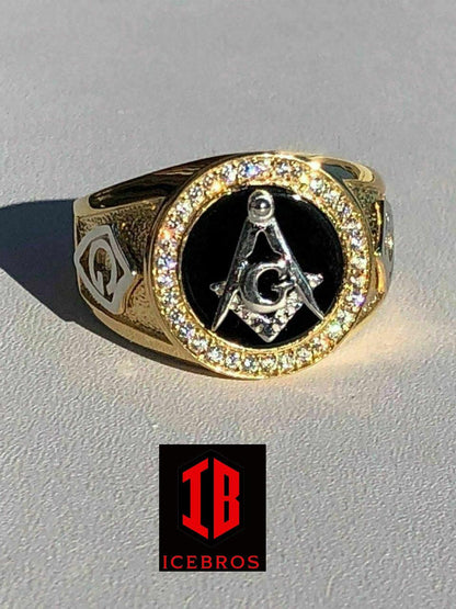 14k Gold & Real Solid 925 Silver Free Mason Masonic G Black Onyx Ring Pinky (CZ)
