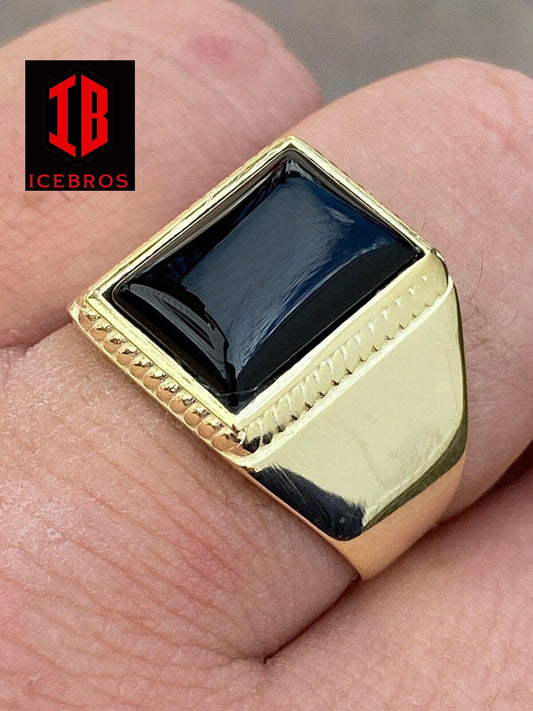 Men 14k Gold Over Real Solid 925 Silver Black Onyx Ring Sizes - 7 - 13
