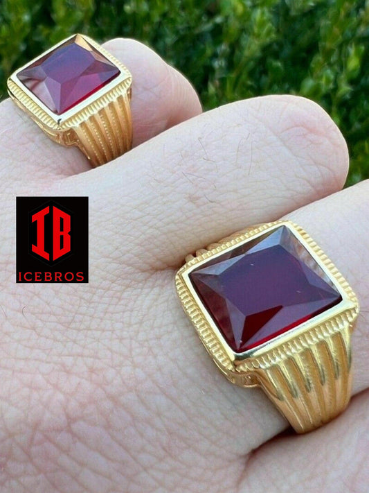Real Solid 14k Gold Vermeil Over Solid 925 Silver Ruby Red Stone Ring Hip Hop Ice