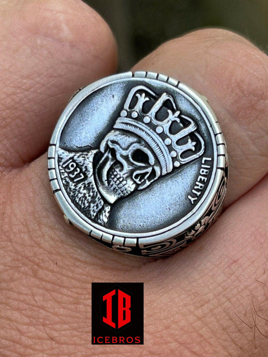 Vermeil 925 Sterling Silver Mens Coin Ring Skull W. Crown Death King Skeleton 7-13