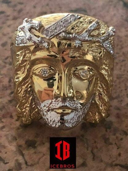 Solid Real 14k Yellow Gold Over Solid 925 Silver Jesus Face Ring Christian Cross