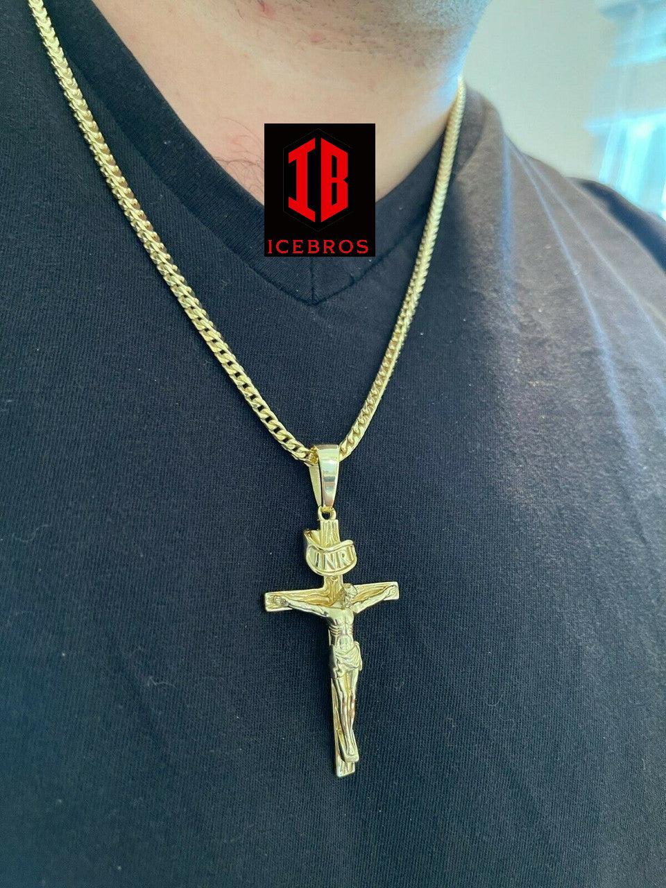 14KT Gold Over Solid 925 Silver Cross Jesus Piece Crucifix Charm Necklace