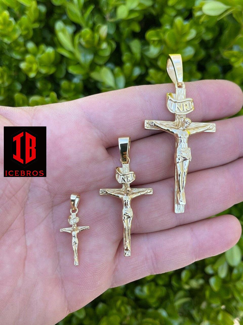 14KT Gold Over Solid 925 Silver Cross Jesus Piece Crucifix Charm Necklace