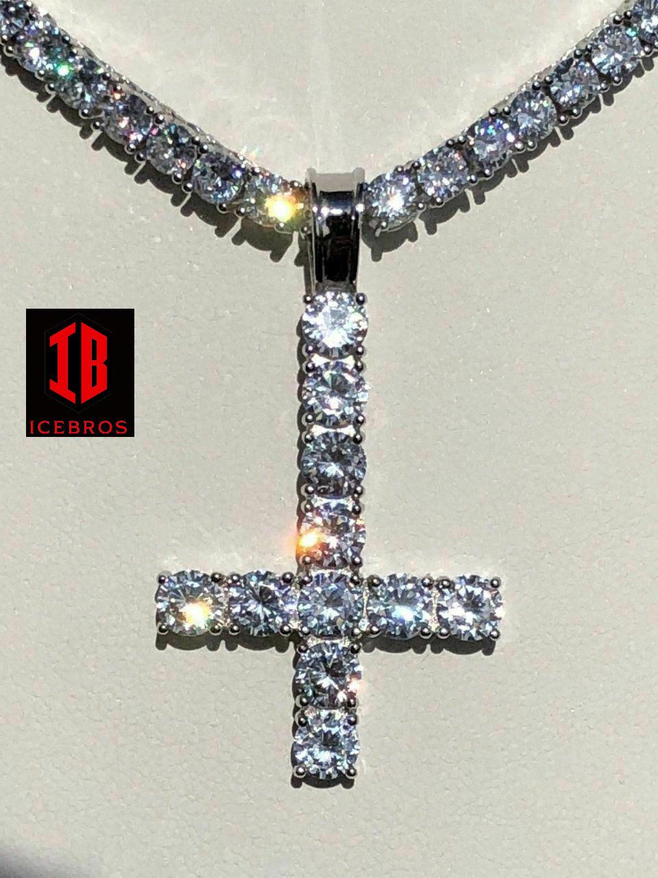 Inverted Cross Upside Down Real Solid 925 Sterling Silver Tennis Chain Diamond (CZ)