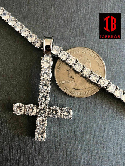 Inverted Cross Upside Down Real Solid 925 Sterling Silver Tennis Chain Diamond (CZ)