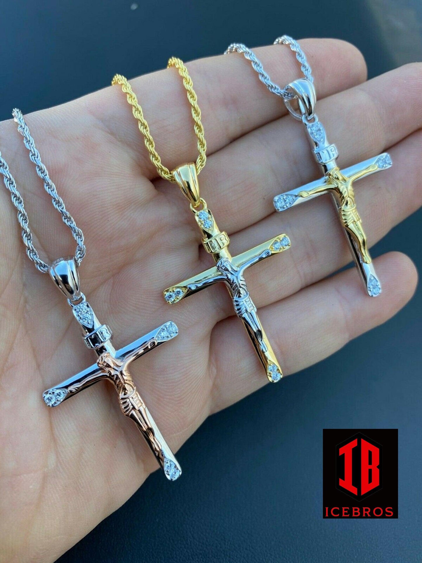 Vermeil Solid 925 Silver Cross + Jesus Pendant Yellow Or Rose Gold Finish Necklace
