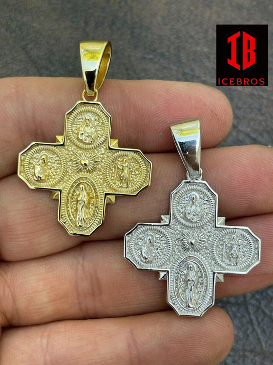 925 Silver Gold Four 4 Sided Catholic Church Cross Pendant Men's Miraculous Necklace