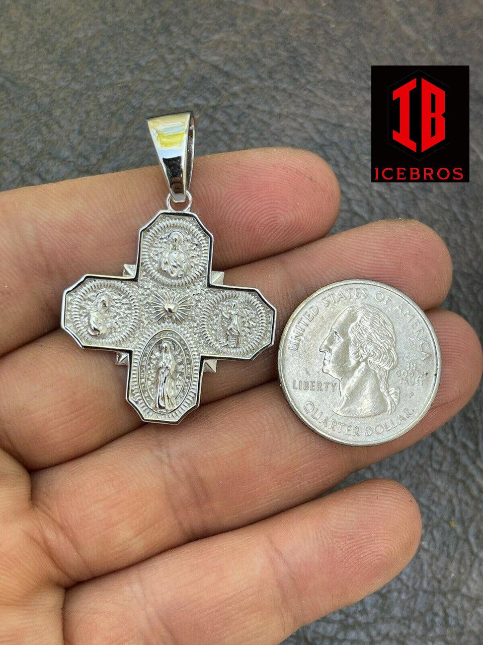 925 Silver Gold Four 4 Sided Catholic Church Cross Pendant Men's Miraculous Necklace
