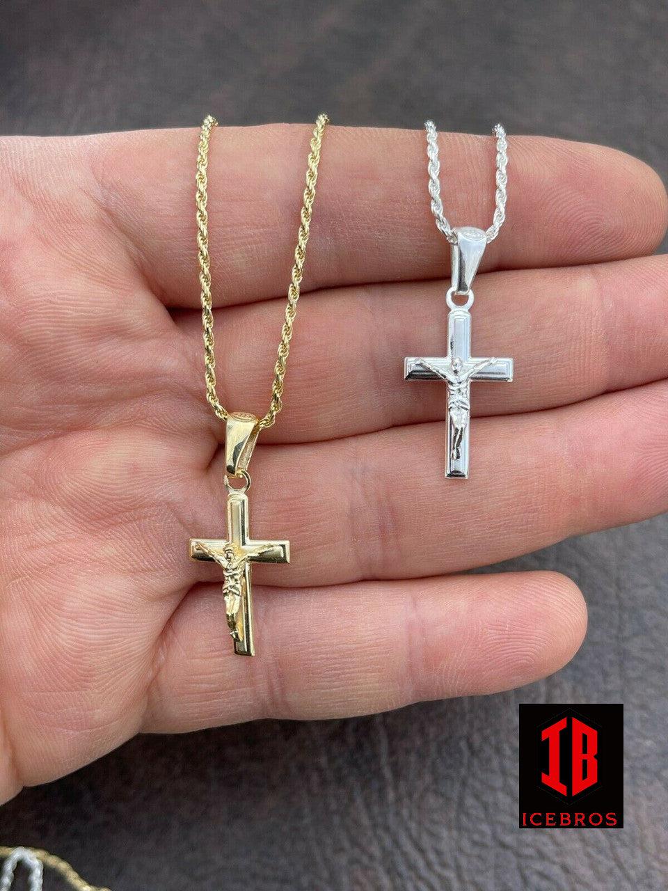 unisex 925 Silver Plain Micro Gold Cross Crucifix Pendant Necklace Small 1"