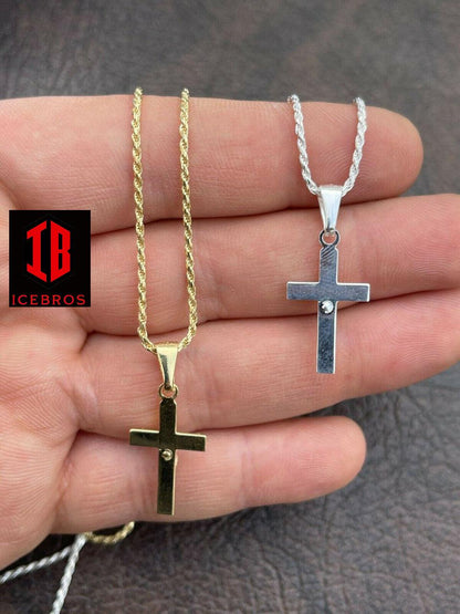 unisex 925 Silver Plain Micro Gold Cross Crucifix Pendant Necklace Small 1"