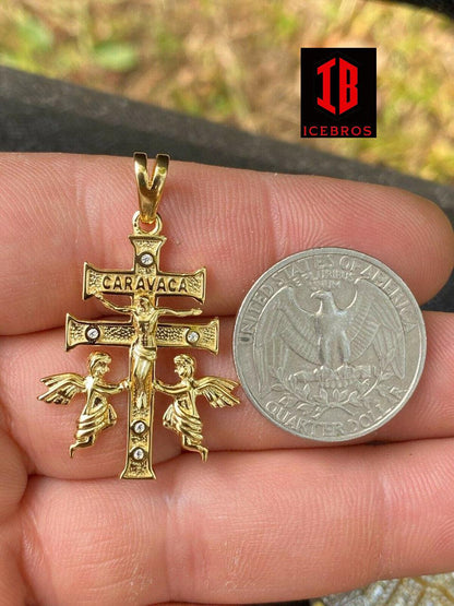 925 Sterling Silver Gold Cruz De Caravaca Cross Pendant 1.5" Plata Necklace