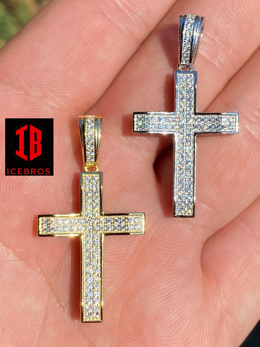 925 Sterling Silver 3D Box Cross Pendant - Gold Hip Hop Necklace (CZ)