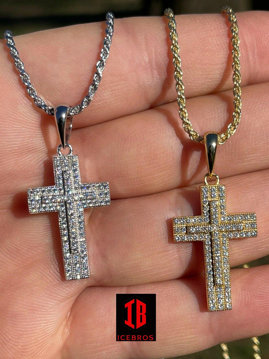 925 Sterling Silver Gold Filled Cross Crucifix Pendant Necklace Iced 1" Small (CZ)