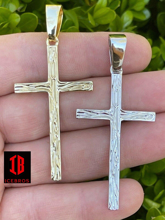 Micro 0.75" - 2" Plain Wood Cross Charm Solid 925 Sterling Silver