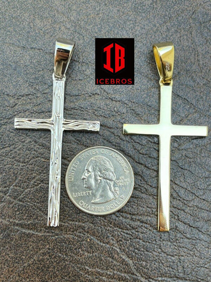 Micro 0.75" - 2" Plain Wood Cross Charm Solid 925 Sterling Silver