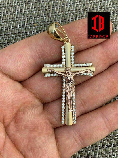 Men's 14k Yellow Gold Over 925 Silver Cross 3D Two Tone Jesus Pendant Necklace