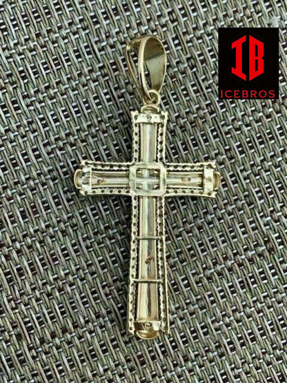 Men's 14k Yellow Gold Over 925 Silver Cross 3D Two Tone Jesus Pendant Necklace