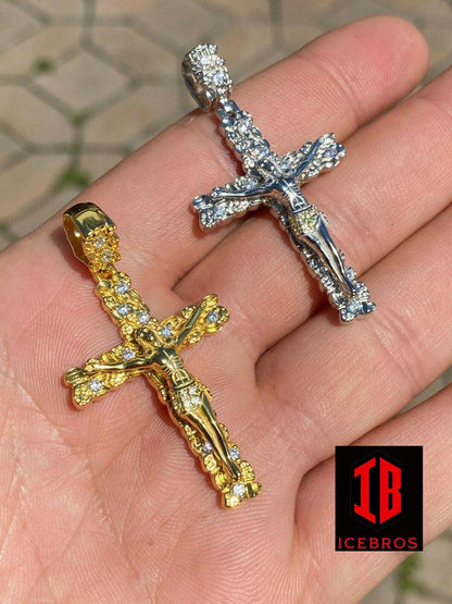 925 Sterling Silver Unisex Nugget 3D Cross Jesus On Crucifix Pendant Iced Gold (CZ)