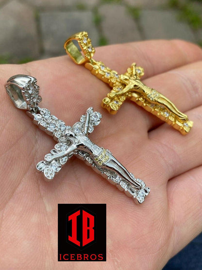 925 Sterling Silver Unisex Nugget 3D Cross Jesus On Crucifix Pendant Iced Gold (CZ)