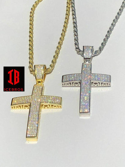 925 Sterling Silver Cross Pendant Real ICED 3ct 14k Gold Chain (CZ)