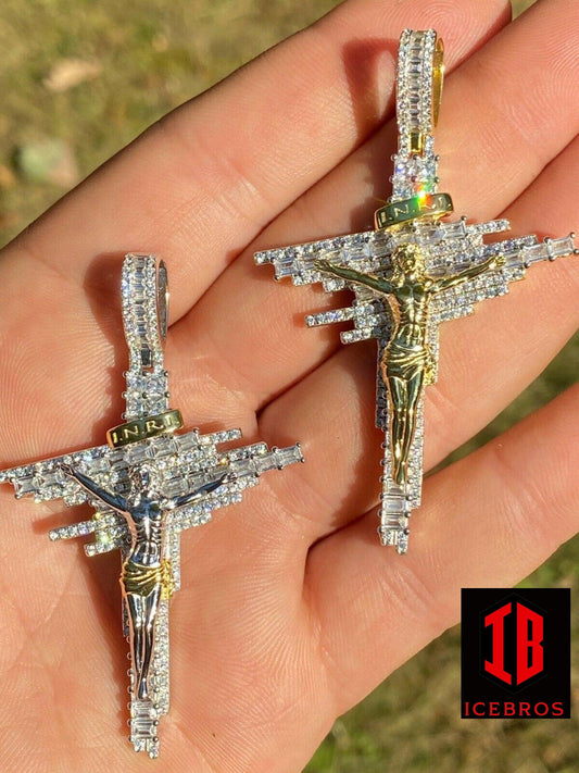 Mens Vermeil Solid 925 Silver Iced Baguette Diamond Jesus Cross Charm Necklace (CZ)