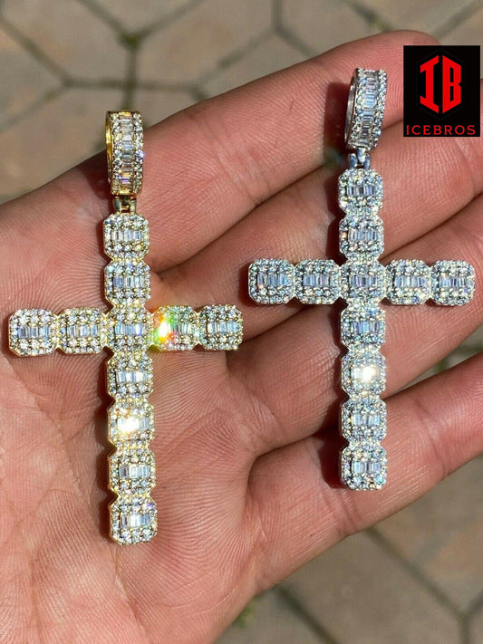 Long 925 Sterling Baguette Diamond Cross Pendant Iced Gold Silver Necklace Large (CZ)