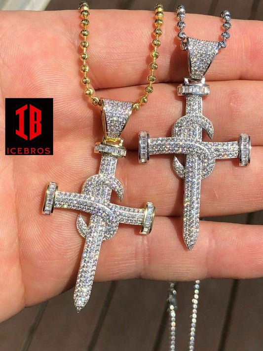 Real Solid 925 Silver Real Iced 3ct Diamond Nail Cross LARGE 2" Pendant 14k Gold (CZ)