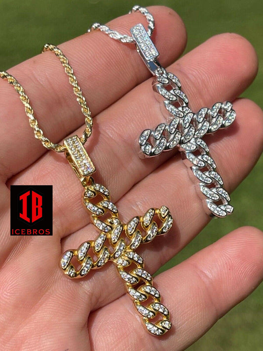 Solid 925 Sterling Silver / Gold Cuban Link Cross Pendant Iced Hip Hop Diamond Necklace (CZ)