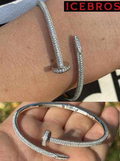 Real 925 Sterling Silver Iced Diamond Nail Bangle Bracelet 6-7.5" Mens Ladies