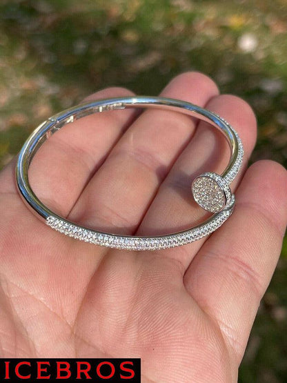 Real 925 Sterling Silver Iced Diamond Nail Bangle Bracelet 6-7.5" Mens Ladies