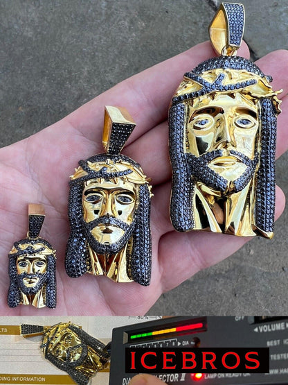 Jesus Black MOISSANITE 14k Gold Vermeil 925 Silver Iced Jesus Piece Pendant Necklace