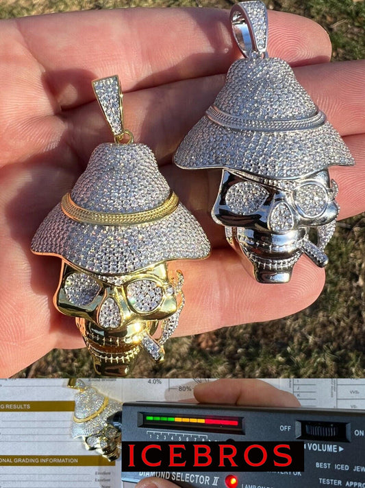 14k Gold Vermeil Skeleton MOISSANITE Skull Head In Fedora Hat Smoking Iced Necklace Pendant