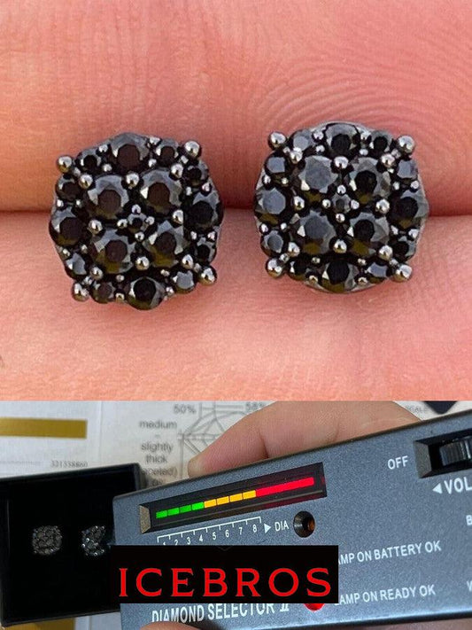 Black Moissanite 925 Silver Hip Hop Earrings Cluster Studs Pass Diamond Tester (Black Rhodium)