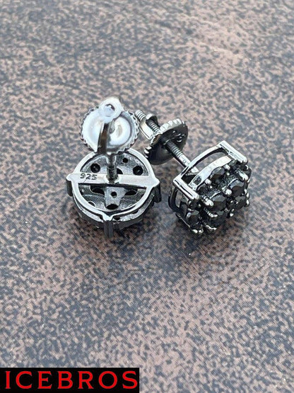 Black Moissanite 925 Silver Hip Hop Earrings Cluster Studs Pass Diamond Tester (Black Rhodium)