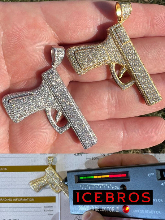 MOISSANITE Solid 925 Sterling Silver Gold Gun Pistol Iced Necklace Pendant Hip Hop