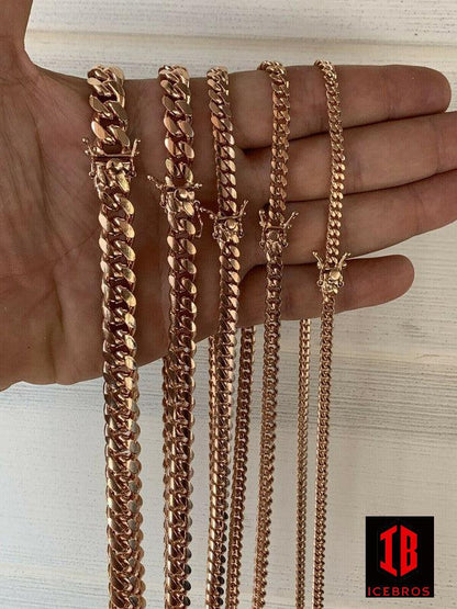 Gold Miami Cuban Link Chain Necklace Box Clasp 14k Rose Over Real 925 Silver ITALY (4mm-10.5mm)
