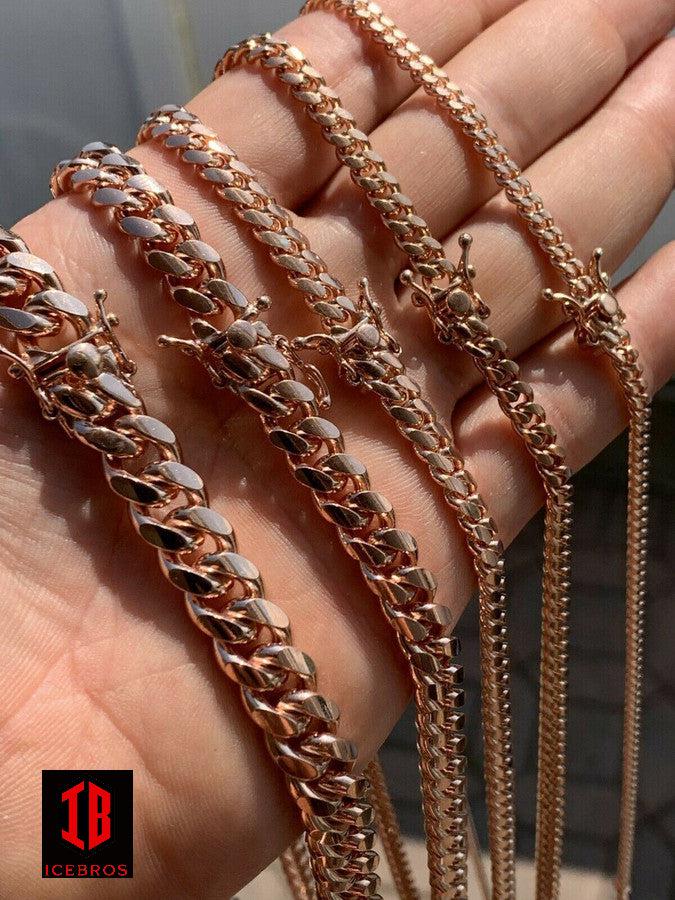 Gold Miami Cuban Link Chain Necklace Box Clasp 14k Rose Over Real 925 Silver ITALY (4mm-10.5mm)
