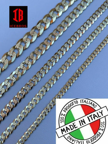 Men's Cuban Link Chain Real 14k Gold & Solid 925 Silver Diamond Cut ITALY (4-11mm)