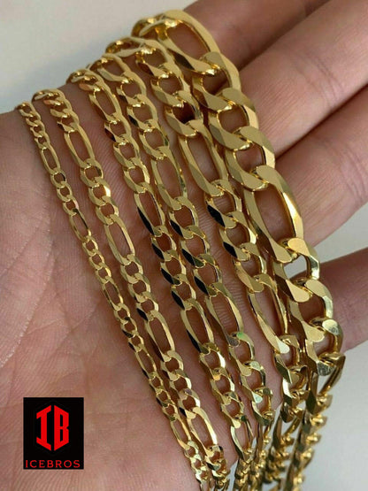 14k Gold Over Solid 925 Sterling Silver Figaro Bracelet (2mm-10mm)